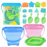 RACPNEL Collapsible Foldable Beach Buckets and Shovels Set - Kids Beach Toys with Mesh Bag & Sand Molds, Silicone Pails for Travel