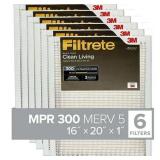 Filtrete Air Filter  MPR 300  MERV 5  Clean Living Basic Dust 3-Month Pleated 1-Inch Air Filters  6 Filters 16x20x1 - Retail: $100