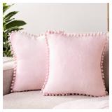 PAVILIA Light Pink Throw Pillow Covers with Pom Pom 18x18 Set of 2, Decorative Pillow Cases for Bedroom Aesthetic, Small Throw Pillows Set for Bed, Velvet Euro Plush Cushion Covers for Sofa Couch - Re