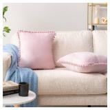 PAVILIA Light Pink Throw Pillow Covers with Pom Pom 18x18 Set of 2, Decorative Pillow Cases for Bedroom Aesthetic, Small Throw Pillows Set for Bed, Velvet Euro Plush Cushion Covers for Sofa Couch - Re