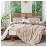 TISPLR Queen Size Comforter Set Floral Soft 3 Pieces Chic Crinkle Gauze Fabric Garden Style Vintage Floral Print Botanical Comforter for All Seasons Luxury Warmth Comfy Breathable with 2 Pillowcases -