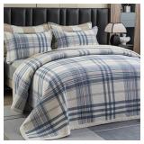 tohrisa Cotton Plaid Quilt Set, Ultra Soft 3 Pieces Queen Size Bedding with 2 Pillow Shams, Lightweight Reversible Coverlet Bedspread with Wave Quilting for Summer, 90\x96\in, Grid-Blue White - Retail