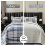 tohrisa Cotton Plaid Quilt Set, Ultra Soft 3 Pieces Queen Size Bedding with 2 Pillow Shams, Lightweight Reversible Coverlet Bedspread with Wave Quilting for Summer, 90\x96\in, Grid-Blue White - Retail