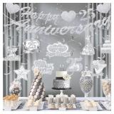 25th Wedding Anniversary Decorations Silver Happy 25th Anniversary Banner and Hanging Swirls for Silver Wedding Party Decorations - Retail: $13