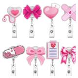 XunYee 8 Pack Pink Bow Badge Reels Retractable ID Name Nursing Medical Reels Badge Holder Christmas Stocking Gift for Nursing Student, ID Card Office Nurses Student, Teacher, Medical Worker - Retail: 