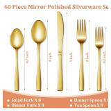 40 Pcs Gold Silverware Set, Stainless Steel Flatware Set for 8, Food-Grade Cutlery Set, Mirror Polished Tableware Eating Utensils Set for Home Kitchen, Include Knife Fork Spoon Set, Dishwasher Safe - 