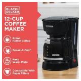 BLACK+DECKER 12-Cup Coffee Maker with Easy OnOff Switch, Easy Pour, Non-Drip Carafe with Removable Filter Basket, Vortex Technology, Black - Retail: $29
