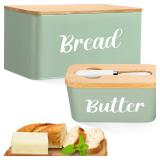 Hushee Metal Bread Box and Butter Dish with Bamboo Cutting Board Lid and Knife Bread Storage Container Breadbox for Kitchen Counter Butter Organizer for Kitchen Countertop Decoration(Sage Green) - Ret