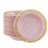 I00000 60pcs Pink Gold Plastic Bowls, 12 oz Dessert Bowls, Gold Lace Trim China Look, Premium Heavy Duty Soup Bowls for Party, Disposable salad Bowls for Wedding - Retail: $26
