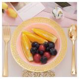 I00000 60pcs Pink Gold Plastic Bowls, 12 oz Dessert Bowls, Gold Lace Trim China Look, Premium Heavy Duty Soup Bowls for Party, Disposable salad Bowls for Wedding - Retail: $26