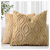 decorUhome Throw Pillow Covers 18x18 Inch Set of 2, Soft Plush Decorative Faux Fur Light Brown Solid Couch Pillow Covers, Accent Farmhouse Neutral Square Euro Pillow Cases for Sofa Bed Living Room - R