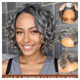 HANASCC 12\ Glueless Wavy Bob Wigs Salt and Pepper Human Hair Wigs Pre Plucked Short Grey Bob Wig Water Wave Lace Front Wig Pre Cut 5x5 Closure HD Gray Human Hair Wig for Women - Retail: $884in