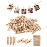 Sturdy Mini Clothes Pins for Photo, 150 Pcs 1 Inch Natural Wooden Clothespins with 33 FT Jute Twine, Small Clips for Crafts Display, Baby Shower Game, Hanging Decorative Pictures, Cocktail, Weddings -