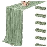 6 Pack Cheesecloth Table Runner - Sage Green 35x120 Inch (10ft), Boho Gauze Fabric Runner for Wedding, Birthday, Baby Shower, Rustic Party Decor, Sheer Table Decoration - Retail: $21