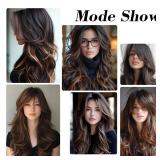 Long Brown Blonde Wigs for Women with Curtain Bangs 26inch Shake and Go Curtain Bang Wig,Skunk Middle Parting Synthetic Wavy Hair with Brown Highlight for Girls Daily Party Use - Retail: $24