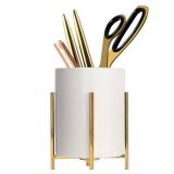 SIEBOLD Gold pencil cup Sturdy metal frame with white ceramic pen holder For desks and kitchen appliance holders - Retail: $12