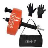 DrainX Power Pro 25-FT Steel Drum Auger Plumbing Snake with Drill Attachment | Use Manually or Powered | Heavy Duty Drain Cleaning Cable with Work Gloves and Storage Bag Included
