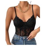 Milumia Womenfts Sexy Sheer Mesh Lace Bodysuit Spaghetti Strap Bustier Corset Tops Rave Party Club All Black Large - Retail: $30