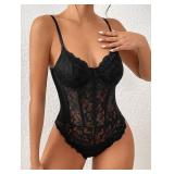 Milumia Womenfts Sexy Sheer Mesh Lace Bodysuit Spaghetti Strap Bustier Corset Tops Rave Party Club All Black Large - Retail: $30
