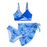 Girls Swimsuits Size 14-16,Bathing Suits for Teens Tropical Floral Twist Cross Bikini Set Girlsft Swimwear with Cover Up Skirt Dark Blue - Retail: $10