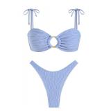 ZAFUL Womenfts Sexy Tie Spaghetti Strap Bikini Textured O Ring Ruched High Leg Swimsuit Cheeky Bathing Suits (Light Blue, S) - Retail: $35