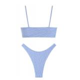 ZAFUL Womenfts Sexy Tie Spaghetti Strap Bikini Textured O Ring Ruched High Leg Swimsuit Cheeky Bathing Suits (Light Blue, S) - Retail: $35
