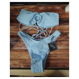 ZAFUL Womenfts Sexy Tie Spaghetti Strap Bikini Textured O Ring Ruched High Leg Swimsuit Cheeky Bathing Suits (Light Blue, S) - Retail: $35