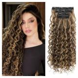 REECHO Curly Hair Extensions, 4PCS 24 inch Clip in Hair Extensions Lace Weft Short Curly Extensions Clip Ins Invisible Natural Hairpieces for Women, Chocolate Brown with Highlights - Retail: $25