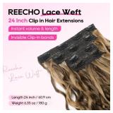 REECHO Curly Hair Extensions, 4PCS 24 inch Clip in Hair Extensions Lace Weft Short Curly Extensions Clip Ins Invisible Natural Hairpieces for Women, Chocolate Brown with Highlights - Retail: $25