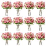 Thiccywoov 36 Pack Artificial Mini Rose Flowers with Plastic Vase Bulk, 24 Bundles Silk Rose Flower Artificial Bouquet 12 Plastic Vase with Rope Table Centerpiece Arrangement Wedding Party Deco(Purple