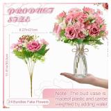 Thiccywoov 36 Pack Artificial Mini Rose Flowers with Plastic Vase Bulk, 24 Bundles Silk Rose Flower Artificial Bouquet 12 Plastic Vase with Rope Table Centerpiece Arrangement Wedding Party Deco(Purple