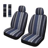 Pariitadin Baja Saddle Blanket Car Seat Covers Front Set with Seat Belt Pads, Washable Breathable Striped Woven Cloth Seat Covers for Cars, Universal Fit Most Cars, Airbag Compatible, Blue - Retail: $