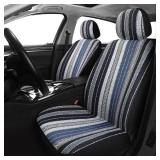 Pariitadin Baja Saddle Blanket Car Seat Covers Front Set with Seat Belt Pads, Washable Breathable Striped Woven Cloth Seat Covers for Cars, Universal Fit Most Cars, Airbag Compatible, Blue - Retail: $