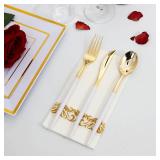 I00000 144 Plastic Forks, Disposable Flatware with White Handle, Look Like Gold Cutlery for Party Wedding - Retail: $40