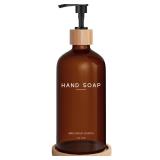 Amber Glass Hand Soap Dispenser Bathroom Set by Brighter Barns - Hand Soap Dispenser for Kitchen Sink and Bathroom - Bamboo Glass Bottle with Tray - Modern Home Decor for Spa, RV, Fitness Center (Ambe