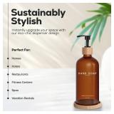 Amber Glass Hand Soap Dispenser Bathroom Set by Brighter Barns - Hand Soap Dispenser for Kitchen Sink and Bathroom - Bamboo Glass Bottle with Tray - Modern Home Decor for Spa, RV, Fitness Center (Ambe