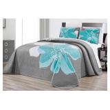 GrandLinen - 3-Piece Fine Printed (90 X 88) Quilt Set Reversible Bedspread Coverlet (Double) Full Size Bed Cover (Aqua Blue, Grey, White Hibiscus Floral) - Retail: $39