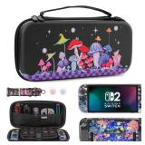 RHOTALL Colorful Mushroom Carrying Case for Nintendo Switch 2 (2025),Black Protective Travel Case,Cute Clear Glitter Hard Dockable Shell Cover for Switch 2,Screen Protector,Shoulder Strap,2 Thumb Cap 