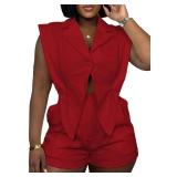 YAWJET Women Summer Sleeveless Rompers Casual V Neck Wide Leg Short Jumpsuit Irregular Hem One Piece Outfits Large - Retail: $34