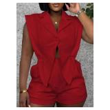 YAWJET Women Summer Sleeveless Rompers Casual V Neck Wide Leg Short Jumpsuit Irregular Hem One Piece Outfits Large - Retail: $34