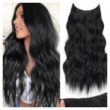 KooKaStyle Invisible Wire Hair Extensions with Transparent Headband Adjustable Size 4 Secure Clips Black Long Wavy Hairpiece 20 Inch for Women - Retail: $19