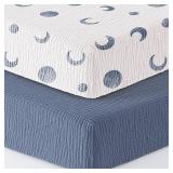 Bearmoss Muslin Mini Crib Sheets for Pack N Play Mattress - 100% Cotton - 38\x26\in Soft Breathable Playard Baby Crib Sheets Neutral for Boys Girls - 2 Pack (Blue Crescent) - Retail: $19in