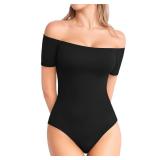 MANGOPOP Womenfts Off The Shoulder Short Sleeve Bodysuit Sexy Backless Body Suit Tops Black M - Retail: $20