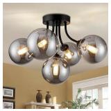 putnik Ceiling Light Fixture Black Globe Sputnik Chandelier with Smoke Glass 5-Light Modern Chandelier