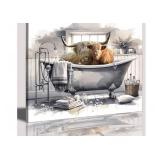 Highland Cow Wall Art in Bathtub Canvas Print -  Photo Bubble Funny Cattle Pictures Animal Painting Farmhouse Artwork for Wall