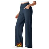 G4Free Fleece Lined Pants Women High Waisted Dress Work Pants Winter Sweaterpants Wide Leg Casual Slacks Warm Office Dressy Outfits (Navy Blue,S,33\")