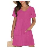 CHICGAL Summer Dresses for Women V Neck Short Sleeve Casual Loose T Shirt Sundress Beach Cover Ups with Pockets(Rose Red, XL)
