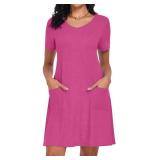 CHICGAL Summer Dresses for Women V Neck Short Sleeve Casual Loose T Shirt Sundress Beach Cover Ups with Pockets(Rose Red, XL)