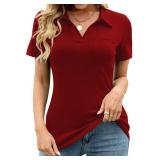 Womens Polo Shirt Short Sleeve Work Summer Tops Fashion Lapel Blouse V Neck Collared Tunic T-Shirts Red XL