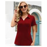 Womens Polo Shirt Short Sleeve Work Summer Tops Fashion Lapel Blouse V Neck Collared Tunic T-Shirts Red XL